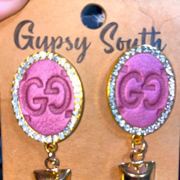 NWT GYPSY SOUTH Upcycled GG Earrings Dangle Crosses Rhinestone Crystals Gold - Picture 3 of 5